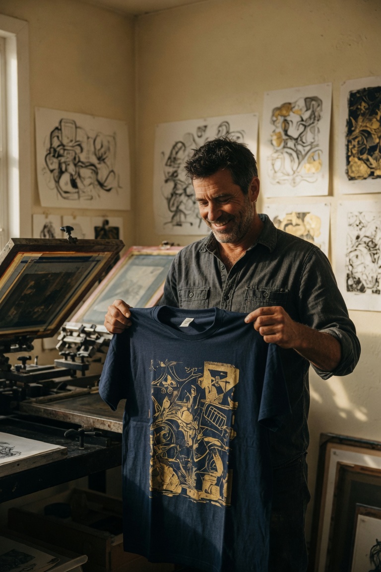 AmeriCraft Prints founder in the print workshop holding a freshly printed navy tee