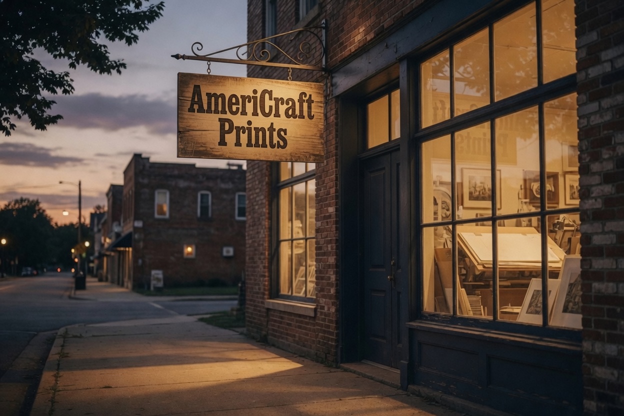 AmeriCraft Prints small-town storefront and print studio at dusk