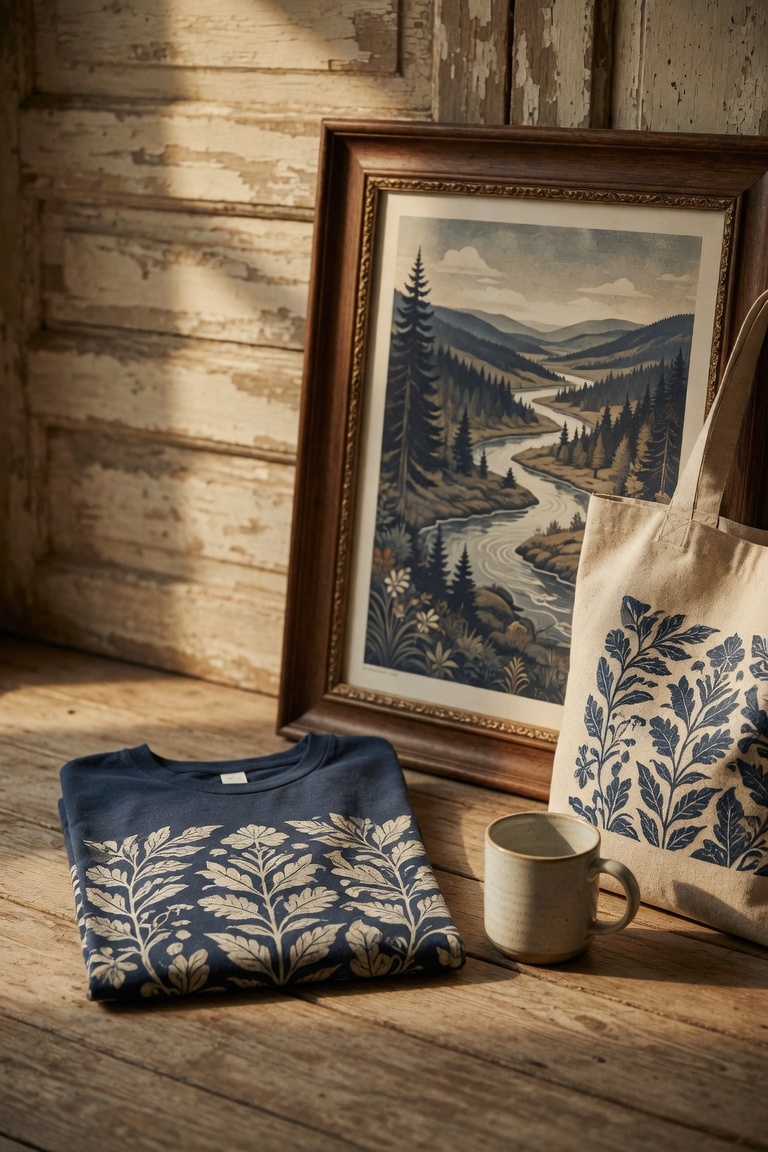 Styled collection of AmeriCraft Prints products — navy graphic tee, framed art print, mug, and tote